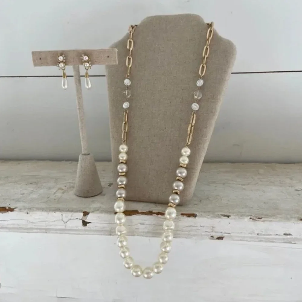 Paperclip Necklace Gold Tone Pearls Brand New AND Pearl Earrings Bundle Jewelry - Picture 7 of 13
